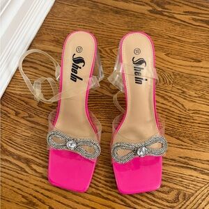 SHEIN Hot Pink Clear Strap Rhinestone Bow Heeled Sandals